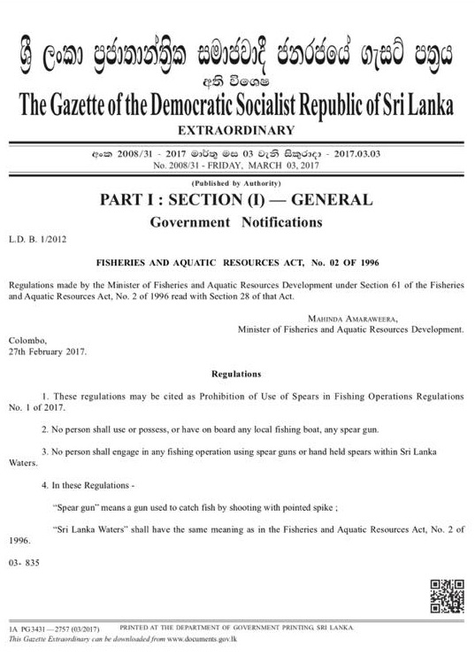 Sri Lanka Government Gazette Notification on Spearfishing